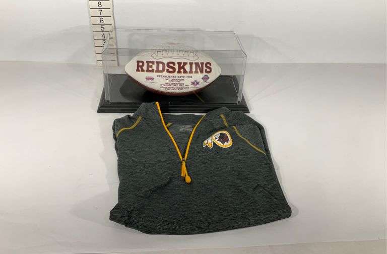 Redskins sweatshirt size XXL and signed football in display case Hash Auctions