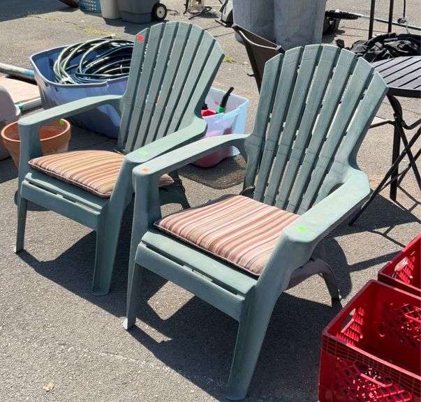 Two pvc Outdoor Lawn Chairs, with tie on seat cushions. Hash Auctions