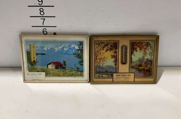 Two Lovettsville, Virginia thermometers, Virts Sinclair service, and Brown funeral home Hash