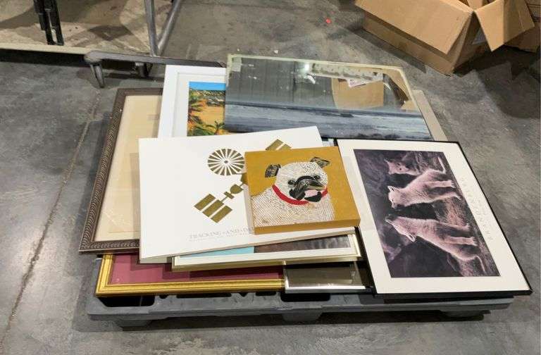 Skid lot of artwork, mostly framed, some landscape paints, canvas prints, and more, seller code