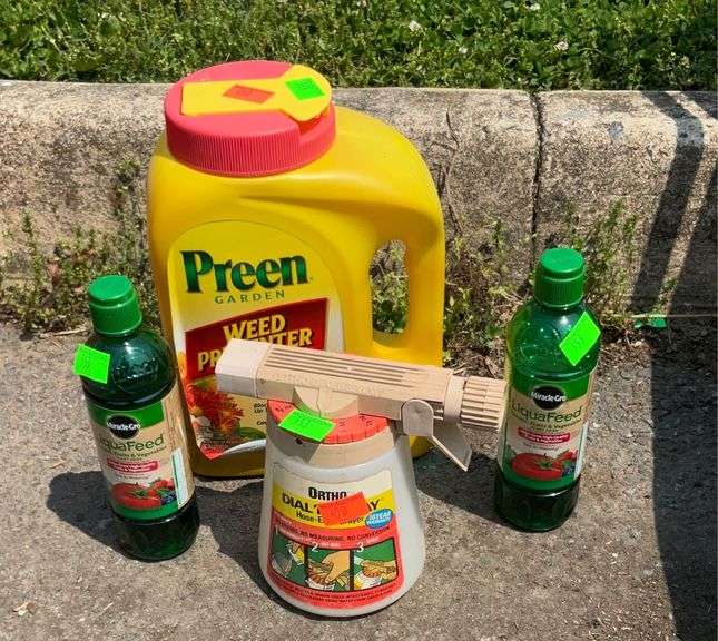 Lawn Chemicals Lot, Preen, Liquid feed, and sprayer, note partial