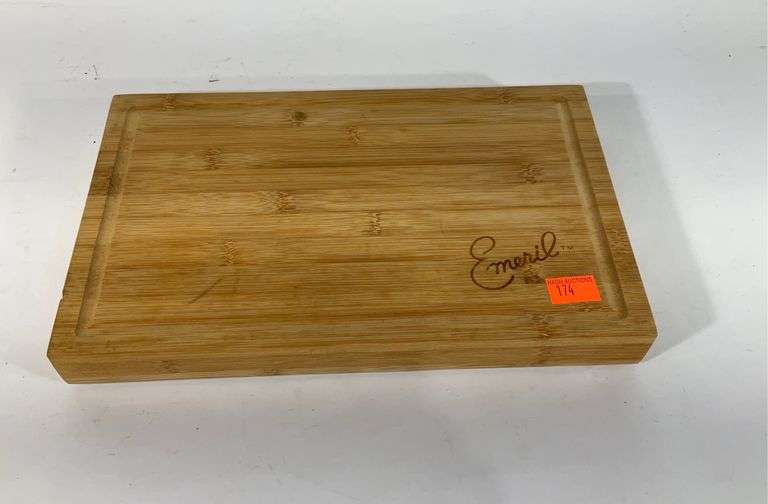 Emeril wooden cutting board with drawer, never used, includes 3pc knife