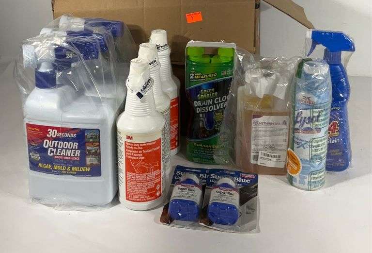 Box lot of new items, includes X14 mildew stain remover, Lysol