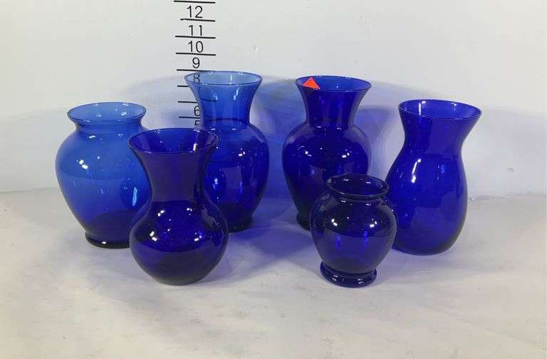 6 cobalt blue vases, one poly Hash Auctions