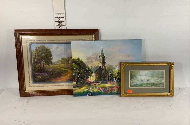 Three landscape scenes, includes two framed and one canvas print, sizes