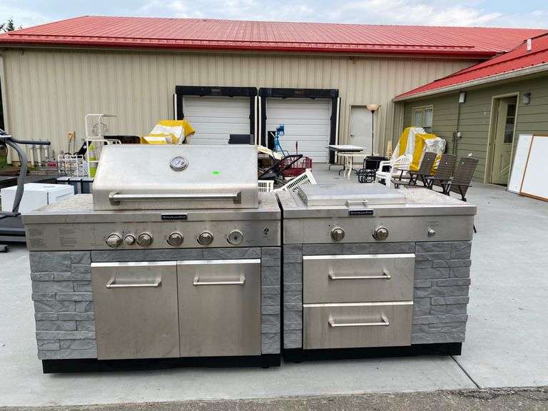 Kitchen Aid Outdoor Kitchen Grill outfit, faux stone front decor 2pc