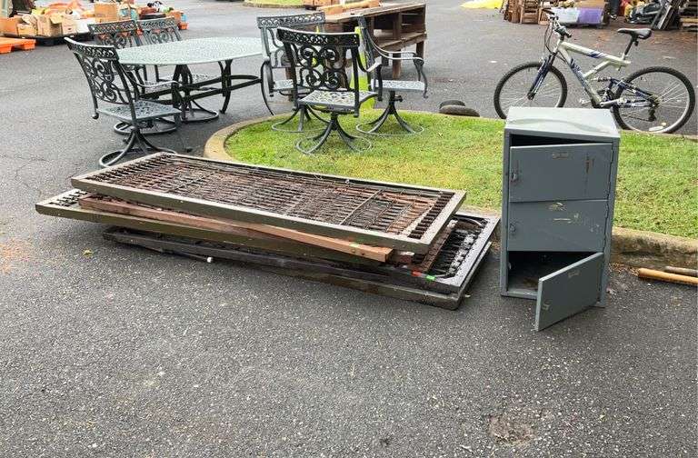 Scrap Metal lot, file locker and 7 metal bed spring frames