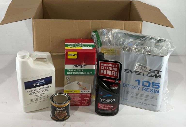 Epoxy resin, fuel system cleaner, tub and tile refinishing kit, and