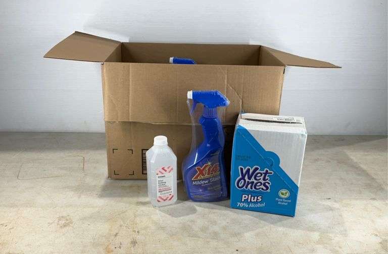 Box of mildew stain remover, rubbing alcohol, and hand sanitizing wipes