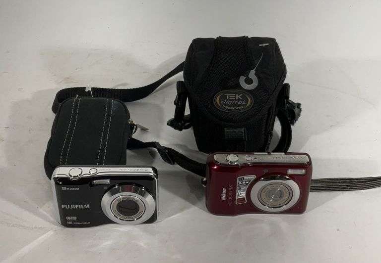Two digital cameras with cases, Nikon Coolpix and Fujifilm Hash Auctions