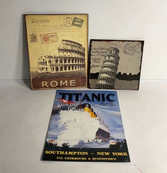 Metal signs, Italian landmarks and Titanic, Titanic has glued paper