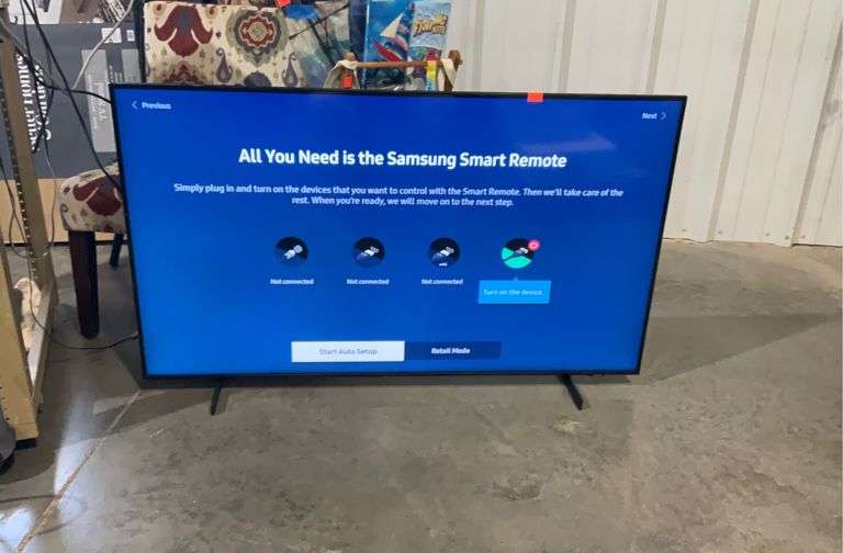Samsung 55” smart TV. Legs but no remote. Works Hash Auctions
