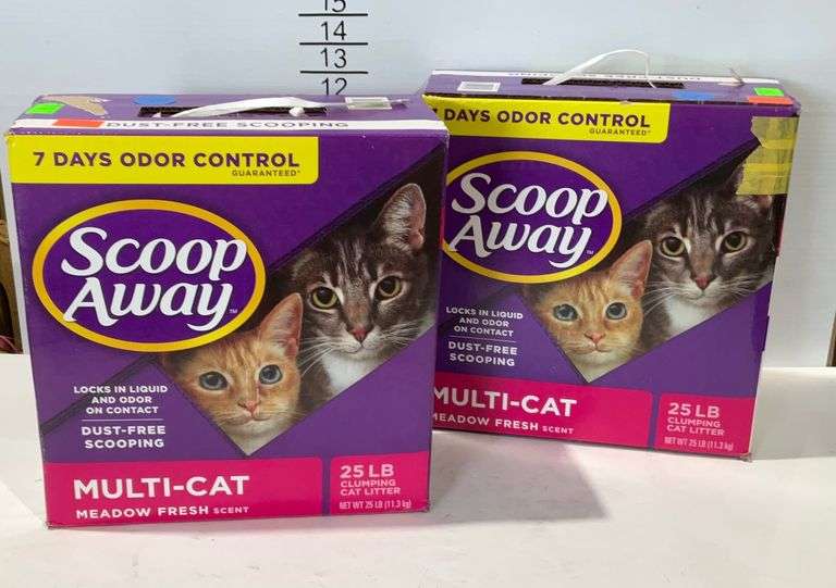 2 boxes of Scoop Away cat litter, one full, one partially used Hash
