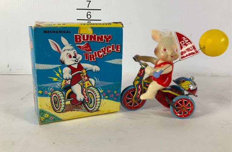 Vintage toy in box. Mechanical bunny tricycle. Works. Hash Auctions