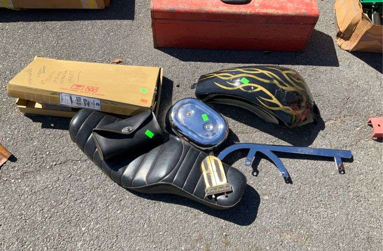 Motorcycle Parts, includes Seat, Windshield Brackets, Small Satchel