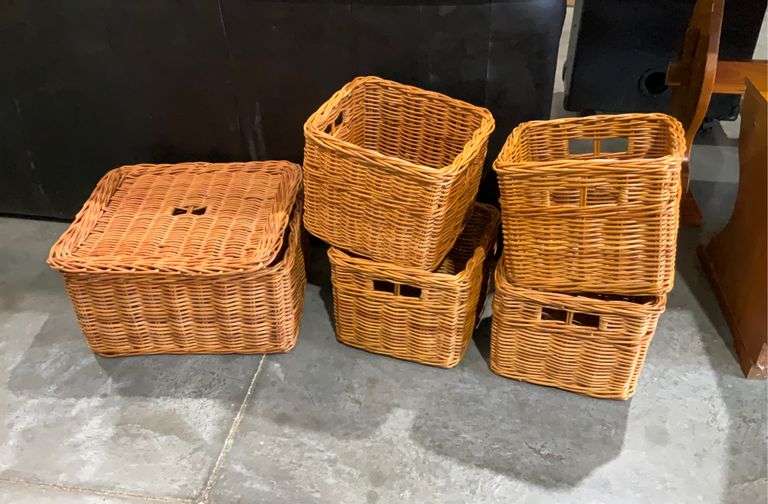 Set of 4 matching cubby sized wicker baskets and similar larger basket