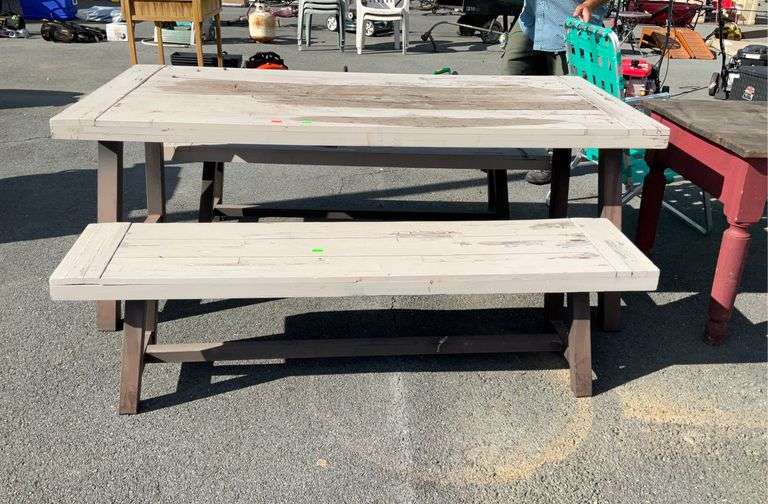 3pc wood top/metal base picnic table and benches, the table is 5’11”L x