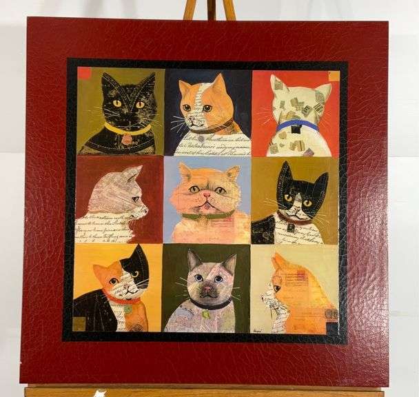 Large cat wall art canvas, crackle finish, 33x33 Hash Auctions