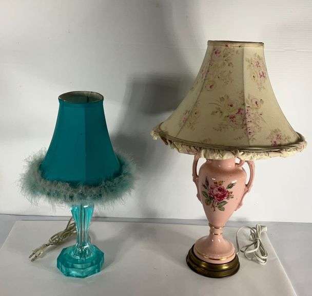 18.5in blue lamp with fuzzy lamp shade and a 25in pink lamp with