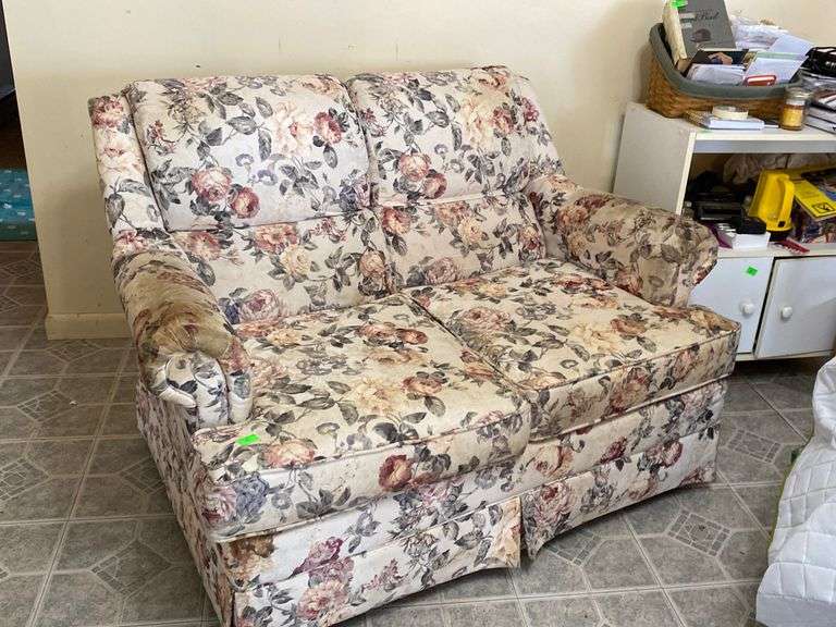 Small floral loveseat with cover, 48 inches long Hash Auctions