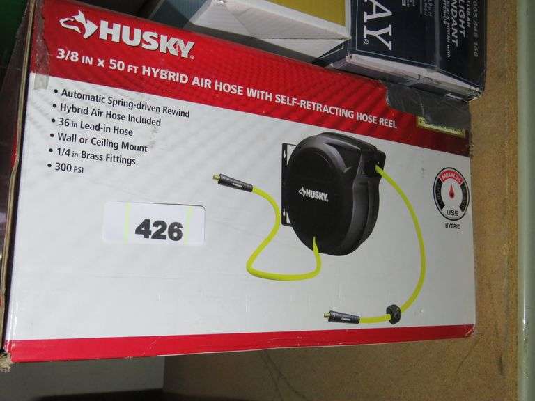 HUSKY ⅜ IN X 50 FT HYBRID AIR HOSE WITH SELF RETRACTING HOSE REEL
