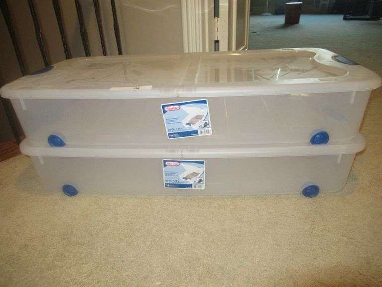 2 STERILITE 66 QUART ROLLAWAY STORAGE CONTAINERS AND TWO PLASTIC