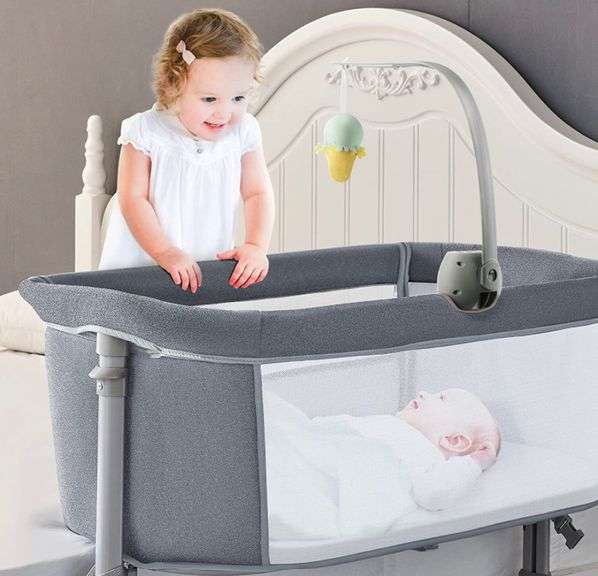 RONBEI BABY BEDSIDE SLEEPER IN LIGHT GREY WITH MUSIC BOX AND