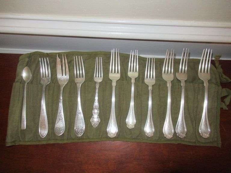 ANTIQUE 11 PIECE STERLING SILVER ORNATE ASSORTED FORKS AND SPOON ONE