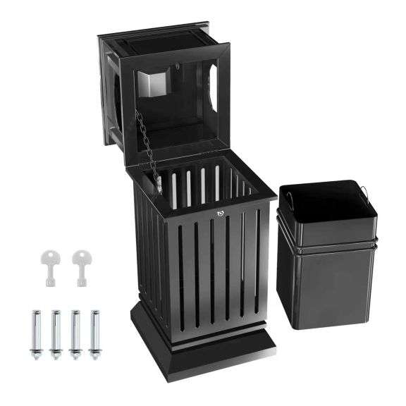 BEAMNOVA TRASH CAN OUTDOOR ASHTRAY BLACK GARBAGE ENCLOSURE WITH LOCKING