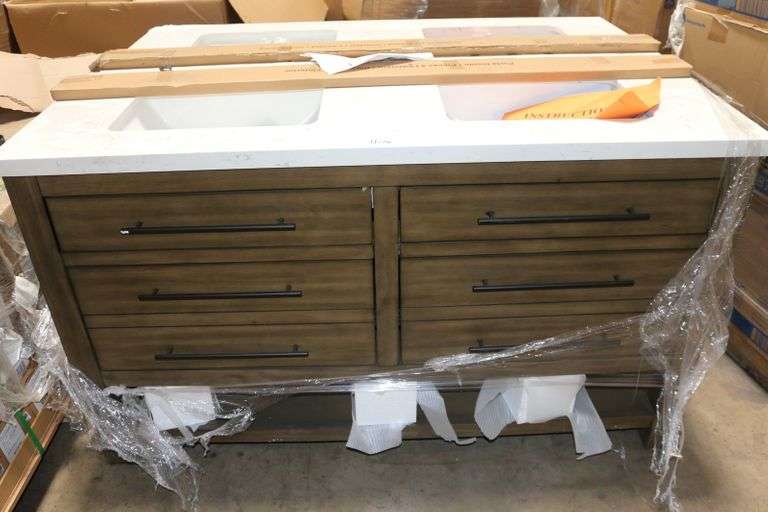 ALLEN + ROTH KENNILTON 60IN GRAY OAK UNDERMOUNT DOUBLE SINK BATHROOM