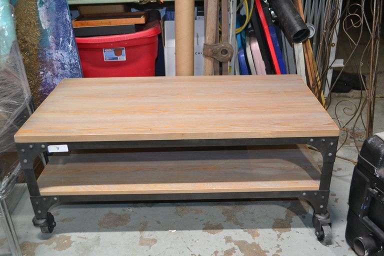 STEEL WOODEN COFFEE TABLE WITH CASTERS Dallas Online Auction Company