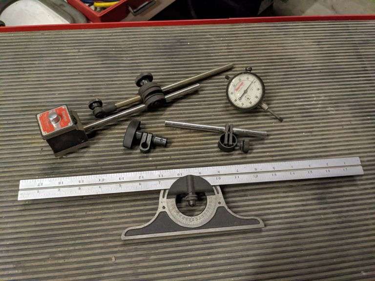STARRETT DIAL INDICATOR, BASE, & STARRETT BEVEL PROTRACTOR
