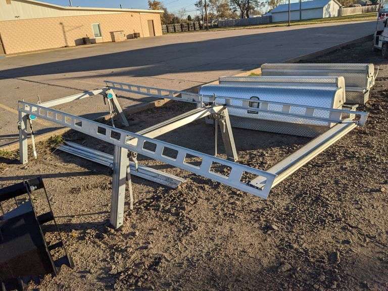(OUT) SYSTEMONE ALUMINUM LONG BOX LADDER RACK WITH (4) WORK WINCHES