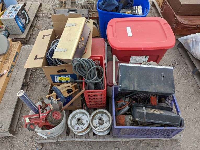 TOTE WITH LID, ELECTRICAL CORDS, MAILBOXES, COOLERS, POWER TOOLS
