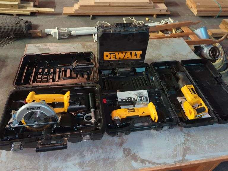 DEWALT 18V CIRC. SAW, RIGHT ANGLE DRILL, & RECIP. SAW WITH CASES (NO