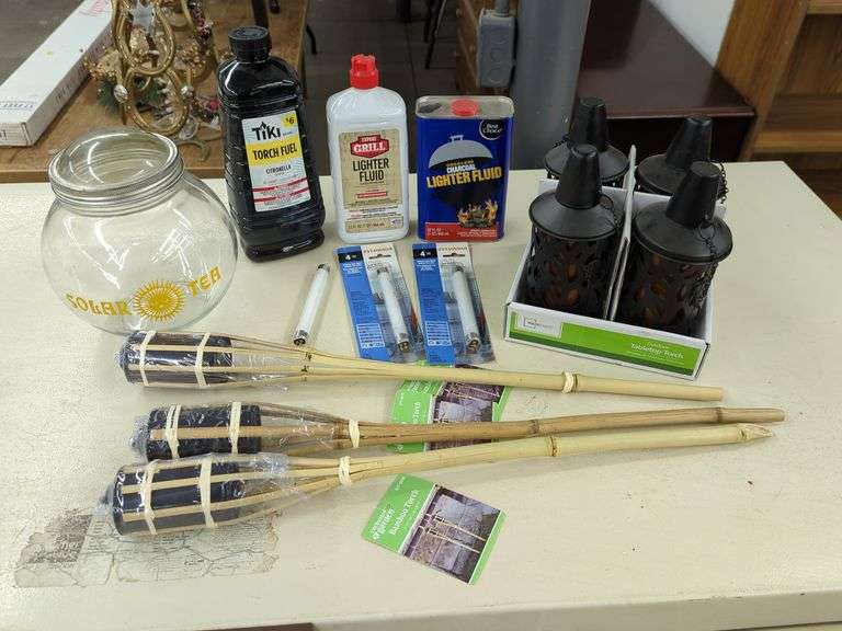 TABLETOP TORCHES, BAMBOO TORCHES, SOLAR TEA JAR, TIKI FUEL, LIGHTER