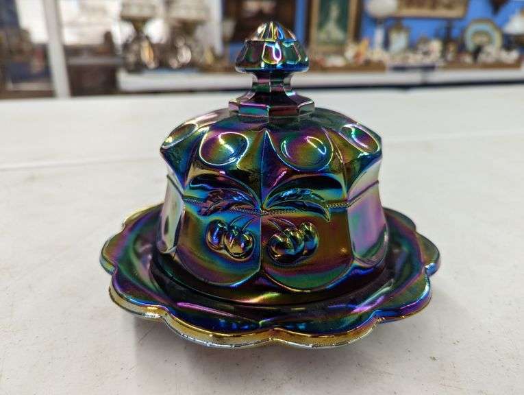 VINTAGE MOSSER CHERRY AND CABLE CARNIVAL GLASS BUTTER DISH Isabell