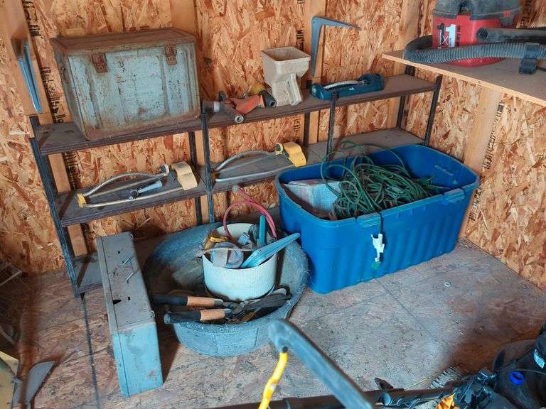 METAL SHELF, NOZZLES, SPRINKLERS, CAMP STOVE, EXTENSION CORDS, TUB, ETC