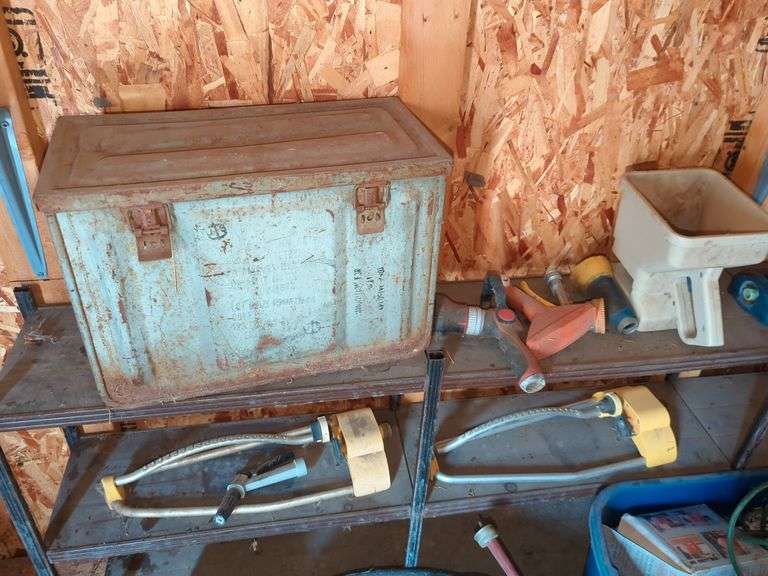 METAL SHELF, NOZZLES, SPRINKLERS, CAMP STOVE, EXTENSION CORDS, TUB, ETC