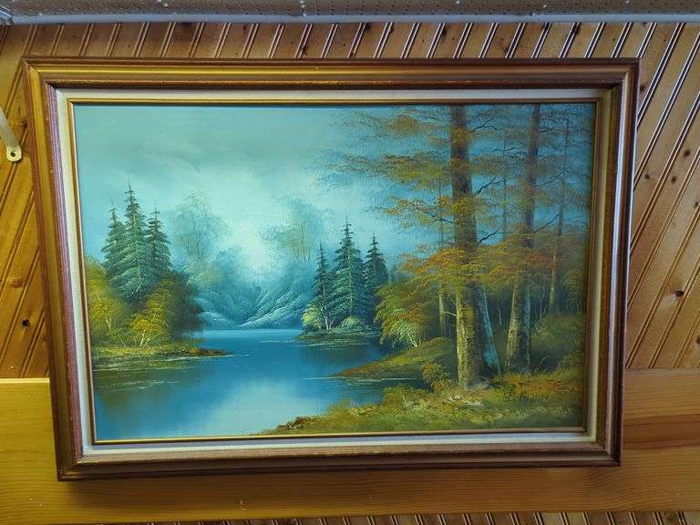 VINTAGE CANVAS PAINTING IN FRAME (SIGNED B. HILTON) (30" X 42