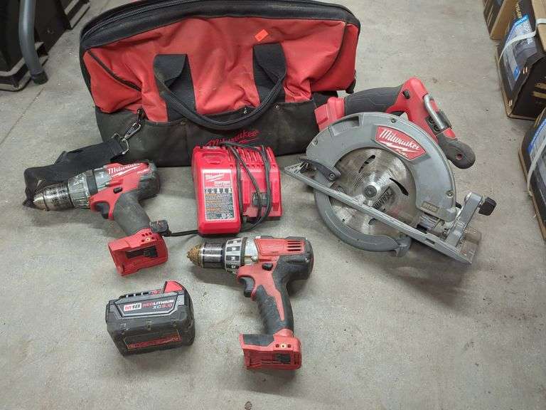 MILWAUKEE M18 RED LITHIUM CORDLESS DRILL, HAMMER DRILL, CIRCULAR SAW