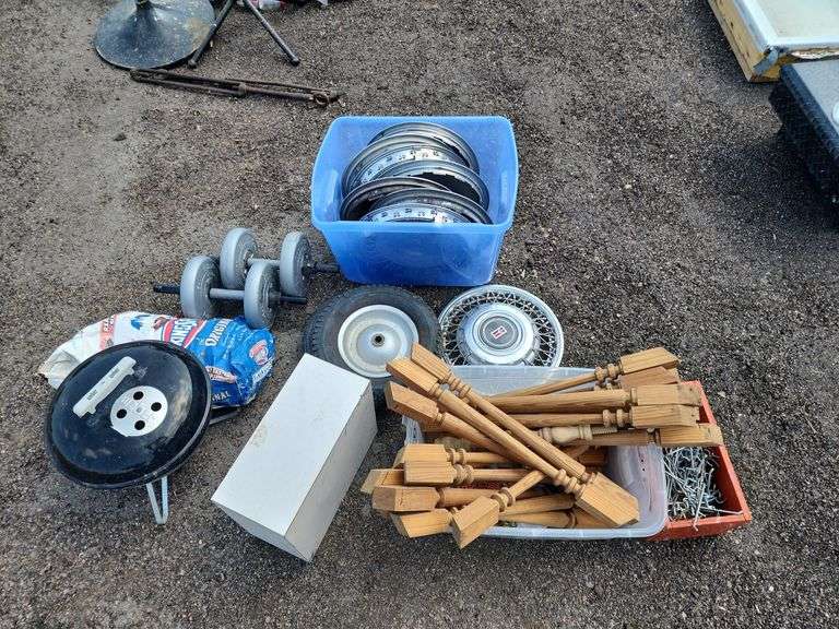 (OUT) HUB CAPS, WEIGHTS, GRILL, PEG BOARD HOOKS, WHEELS, BANNISTERS