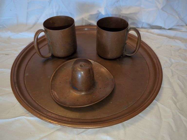 VINTAGE COPPER TRAY, (2) MUGS, & COWBOY HAT Isabell Auction