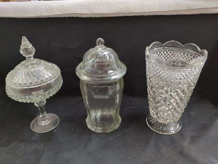 VINTAGE GLASS PEDESTAL DISH, CANISTER, & VASE Isabell Auction