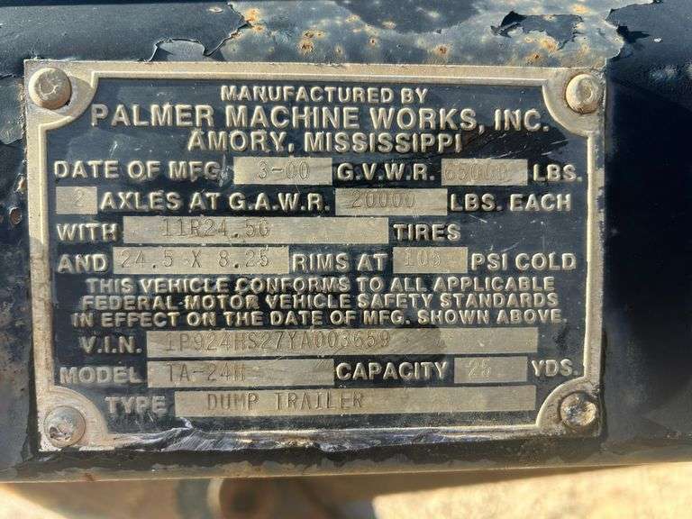 2000 Palmer TA-24H Tandem Axle End Dump Trailer