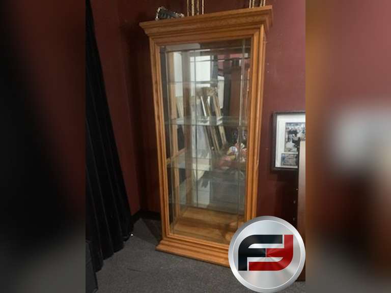LARGE LIT CURIO CABINET W/ MIRRORED BACK MISSING ONE DOOR