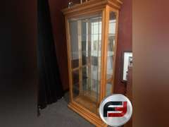 LARGE LIT CURIO CABINET W/ MIRRORED BACK MISSING ONE DOOR
