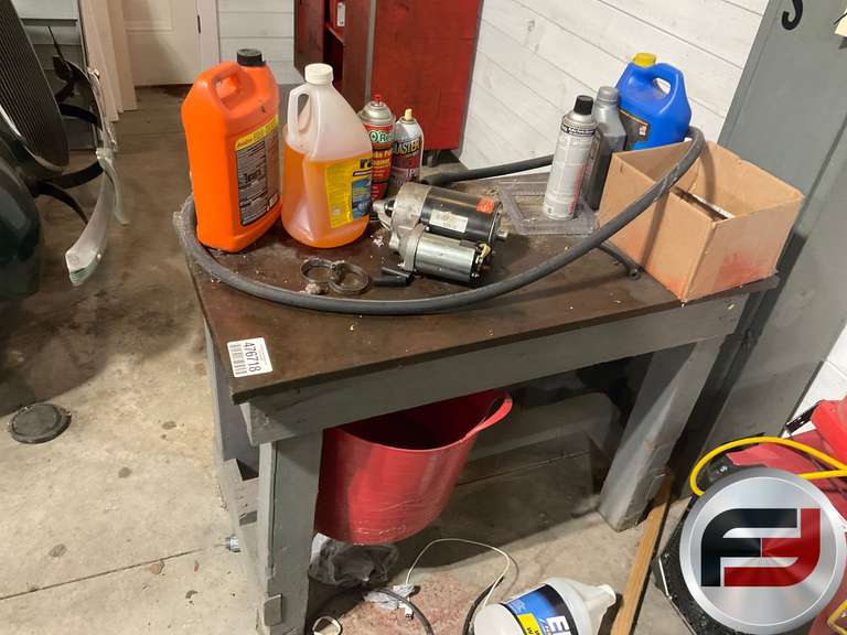 SMALL METAL TOP WORK BENCH AND CONTENTS, BAG OF OIL