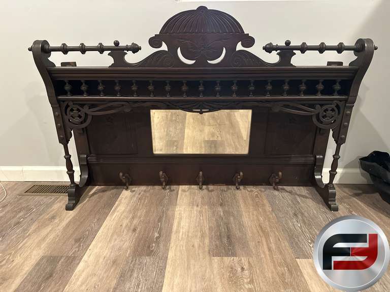 VINTAGE HALL TREE WITH MIRROR 50” W X 32” T Freije & Freije Auctioneers