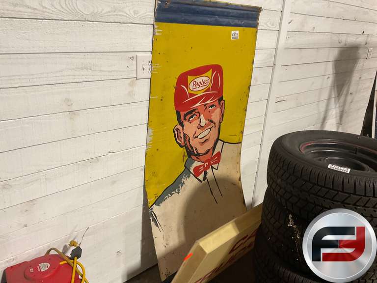 PAYLESS METAL SIGN APPROX. 36” X 69”, PLASTIC CARS AND